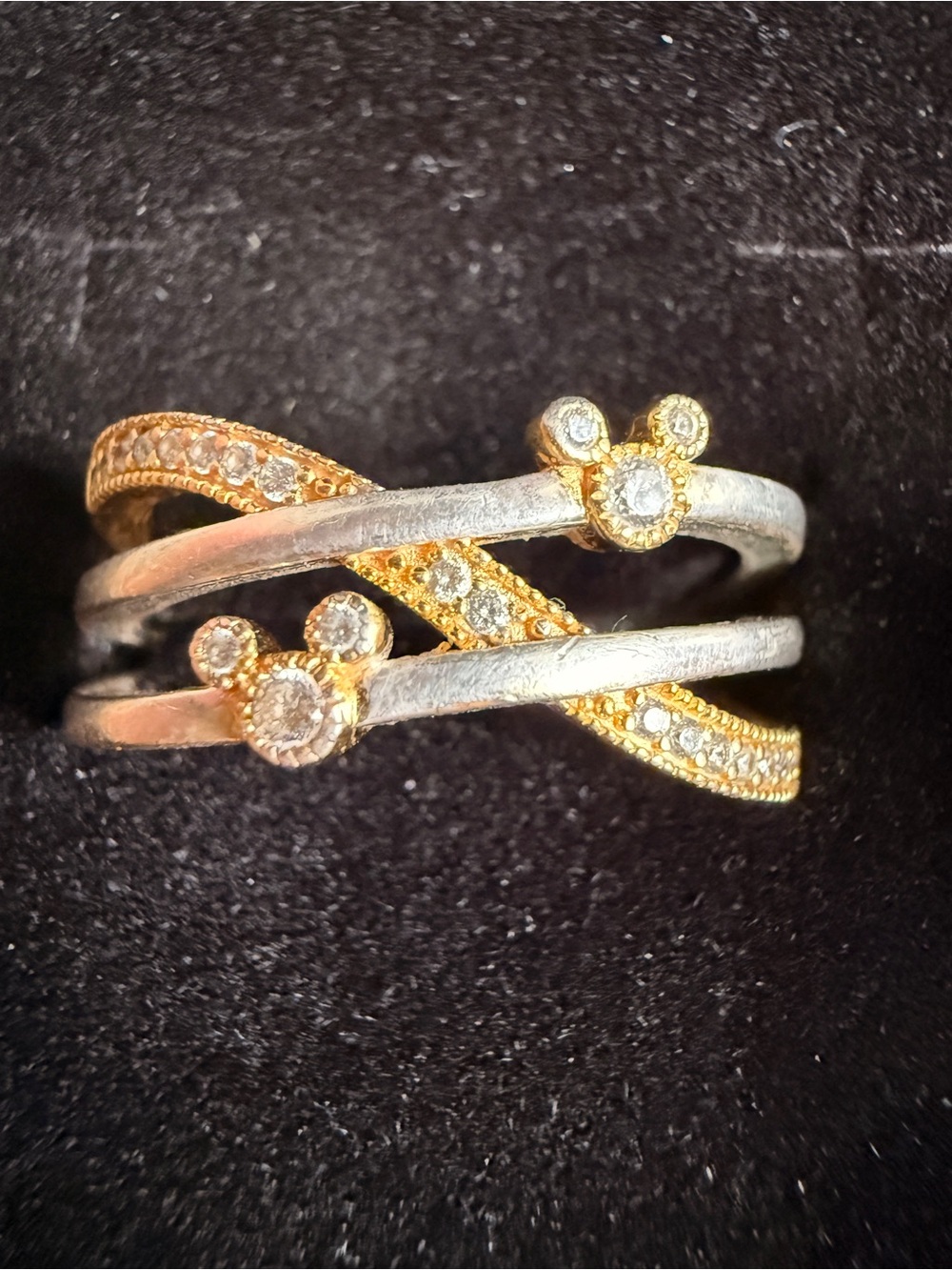 Rebecca Hook Gold and Silver Tone Crystal Accent Mickey Crossover Ring